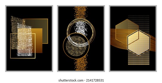 3 artistic posters, or triptych, composed of geometric, square, round and hexagonal shapes, in gold, copper and white colors on a black background. 