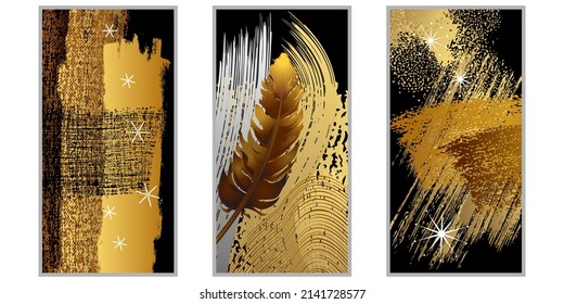 3 afiches artísticos, o tríptico, compuestos de varias formas y diferentes texturas, en oro, cobre y blanco sobre fondo negro. 