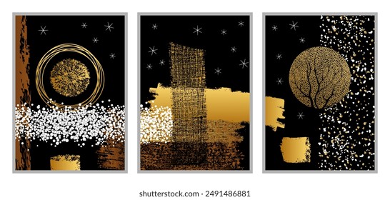 3 carteles artísticos, o trípticos, de Formas geométricas, compuestos por diferentes Formas y texturas, en colores dorado, cobre y blanco sobre fondo negro.