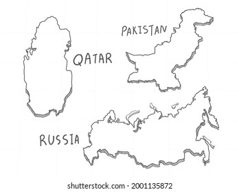 3 Asia 3D Map is composed Qatar, Pakistan and Russia. All hand drawn on white background.