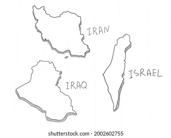 3 Asia 3D Map is composed Iran, Israel and Iraq. All hand drawn on white background.