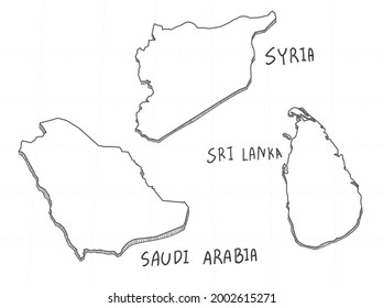 3 Asia 3D Map is composed Sri Lanka, Syria and Saudi Arabia. All hand drawn on white background.