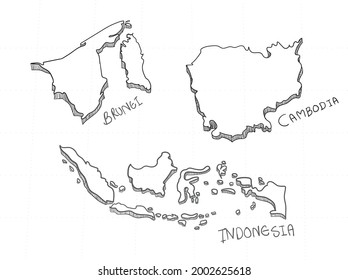 Mano de mapa 3D de Asia dibujada en fondo blanco.