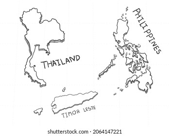 3 Asia 3D Map is composed Philippines, Thailand and Timor-Leste. All hand drawn on white background.