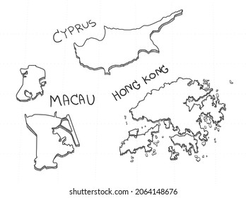 3 Asia 3D Map is composed Cyprus, Hong Kong and Macau. All hand drawn on white background.