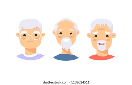 3 Asian American Male characters. Cartoon style people icon. Man Isolated avatar. Flat illustration face. Hand drawn vector drawing pensioners