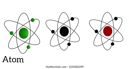 3 atoms with different colors, green, black and red. Vector illustration.