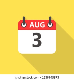 3 august calendar flat style icon with long shadow.