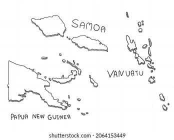 3 Australia 3D Map is composed Papua New Guinea, Samoa and Vanuatu. All hand drawn on white background.