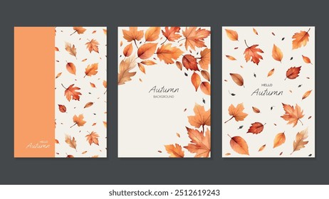 3 Tarjetas De Felicitación De Otoño Con Acuarela Pintada A Mano De Arce, Hojas De Roble. Vector