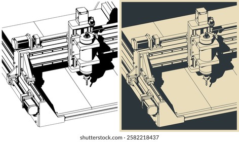 3 Axis CNC Router sclose-up vector illustrations