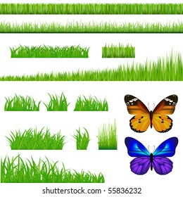 3 Backgrounds Of Green Grass And 9 Bunches Of Grass And 2 Butterflies, Isolated On White