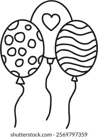 3 balloons with cute patterns in black and white monochrome DNR style 1