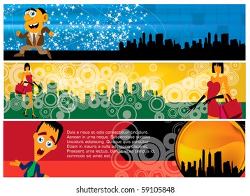 3 banners with cartoon people