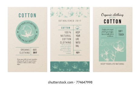 3 banners for clothing trademark in vintage style with hand drawn cotton plant. Vector illustration