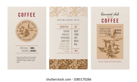 3 banners for coffee trademak in vintage style with hand drawn coffee plant. Vector illustration