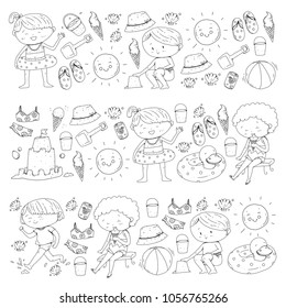 3 banners with kids on happy summer holiday. Kindergarten children. Banners, posters, doodle icons. Beach, travel adventures