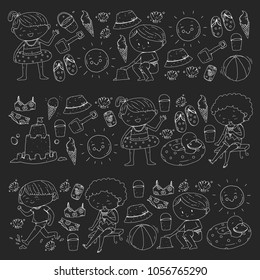3 banners with kids on happy summer holiday. Kindergarten children. Banners, posters, doodle icons. Beach, travel adventures. Illustration on blackboard, chalkboard. Chalk picture.
