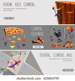 3 banners of rock climbing equipment and training gear. Mountain climbing. Rock climbers. Extreme sport. Flat style vector illustration. Vector illustration