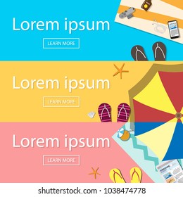 3 banners-tropical summer vacation time concept-top down view of beach tropical summer stuff-camera,beach umbrella,slipper,orange juice,beach towel,starfish,mobile phone,life ring,tablet,compass