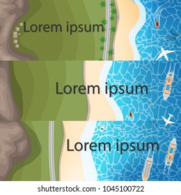 3 banner-top view/Arial view of tropical summer coast with cruise ship, plane, cargo cruise ship,wide area green field and long country side road with rock mountain with copy space for text