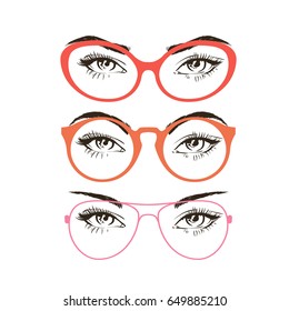 3 basic eyebrow shape and types of glasses. Vector illustration. Fashion female brow