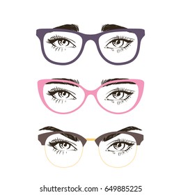 3 basic eyebrow shape and types of glasses. Vector illustration. Fashion female brow