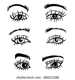 3 basic eyebrow shape types and eyes. vector illustration. Fashion female brow. set