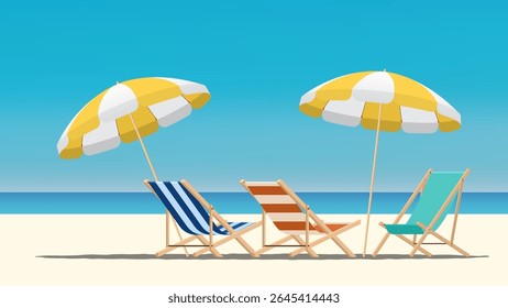 3 beach chairs under 2 yellow beach umbrella on a tropical beach with blue sky and sea. Summer vacation, relaxation, and seaside holiday concept for summer banner. Vector illustration.