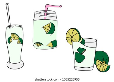 3 Beautiful Cartoon Detailed Fresh Caipirinhas Cocktail Alcohol Drink Bar Beverage Glass Ice Lime For Summer Graphic Design on White Isolated Background Vector Illustration.