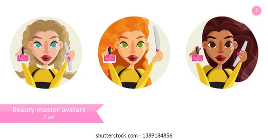 3 Beautiful Girls Face For Your Design Project In Beauty Industry. Profession Manicurist. Flat Cartoon Style Avatars. 2 Objects In The Hands: Nail File and Nail Polish. 