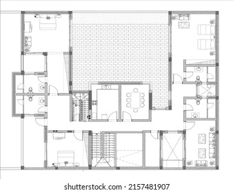 3 Bedroom Modern House Floor Plan For Medium Family,2 Bedroom Apartment Type House Architectural Plan With Furniture Details