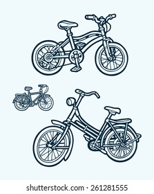 3 bicycle artistic hand drawn. Good use for T-Shirt design, illustration, kid coloring book, or any design you want. Easy to use, edit, or change color.