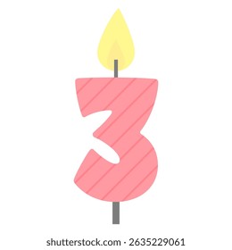 3 Birthday candle. Holiday design. Birthday cake candle with flame light. Three year old. Kindergarten birthday party celebration