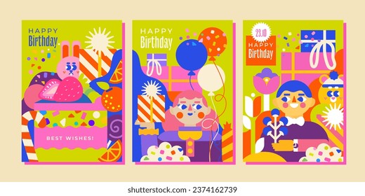 3 birthday templates, A4 size. Candies, cute animals, balloons, a boy and a girl congratulating on the holiday and a huge cake. For children's parties, invitations, greetings, cards and much more