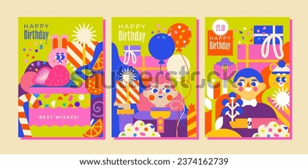 3 birthday templates, A4 size. Candies, cute animals, balloons, a boy and a girl congratulating on the holiday and a huge cake. For children's parties, invitations, greetings, cards and much more