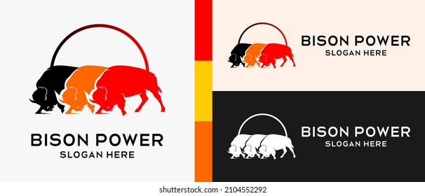 3 bison logo design template with silhouette in modern and trendy style. premium vector