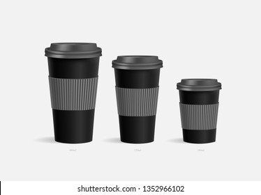 3 black coffee cups mockup with grey holder on grey background. Cups of different size. Mock up. Mock-up. Coffee away. Coffee to go. Vector branding illustration.