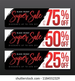 3 Black Friday advertisements for business and commerce. Tiered discount vectors that can be used as tags, banners, in e-commerce,  and for promotion.