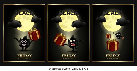 3 Anuncios de Black Friday, Descuentos Hasta un 70%. Tres divertidos personajes negros en forma de descuento ardiente sostienen cajas de regalo rojas en sus manos sobre un fondo nocturno bajo una luna grande con nubes negras