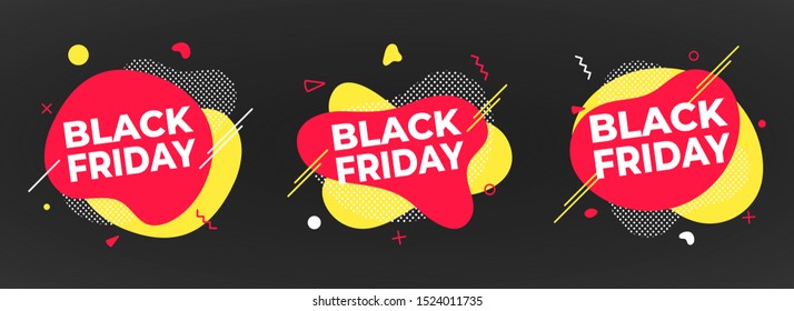 3 Black friday poster or banner design template vector illustration. Sale shopping discount banner for web or store discount clearance concept with simple shapes isolated on dark background.