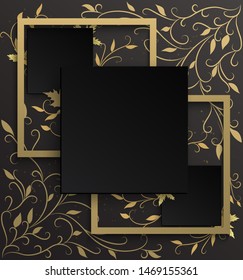 3 black and gold frame background on golden ivy pattern With a black gradient background that looks premium.autumn