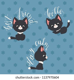 3 black kittens vector illustration with hand lettering on seamless background
