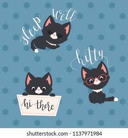 3 black kittens vector illustration with hand lettering on seamless background