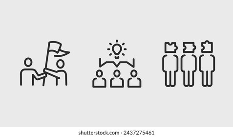 3 black line icons representing two people holding flag,people with a bulb above their head referring to brainstorming, and group of people working together on white background Vector illustration 