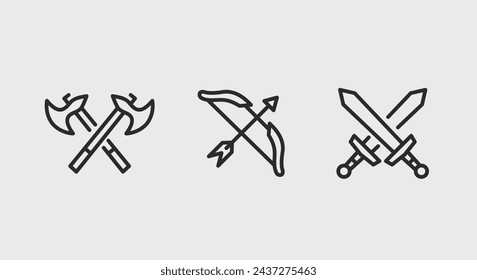 3 schwarze Linien-Symbole, die zwei gekreuzte Achsen, einen Bogen und einen Pfeil darstellen, und zwei gekreuzte Schwerter auf einem weißen Hintergrund für Web, Mobile, Werbematerialien, SMM. Vektorgrafik