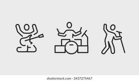 3 black line icons representing a man playing on guitar, a drummer, and a man singing on a microphone on a white background for web, mobile, promotional materials, SMM. Vector illustration