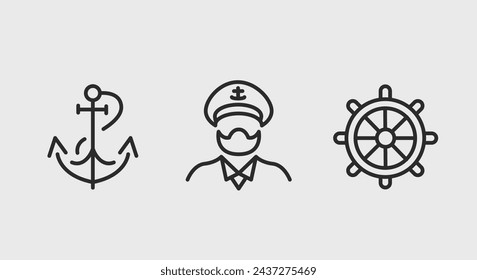 3 black line icons representing an anchor, a head with a captain hat, and a ship wheel for promotional materials, SMM. Vector Illustration