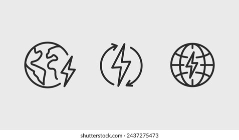 3 black line icons representing a planet lightning sign,lightning with circle arrows and lightning inside globe referring to the energy Icons on a white background for web, mobile,Vector illustration