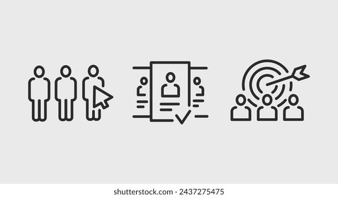 3 schwarze Linien-Symbole, die drei Figuren darstellen, einen Pfeil und ein Ziel auf einem weißen Hintergrund, der sich auf das Thema Rekrutierung bezieht. Es ist für Werbematerialien, SMM. Vektorgrafik